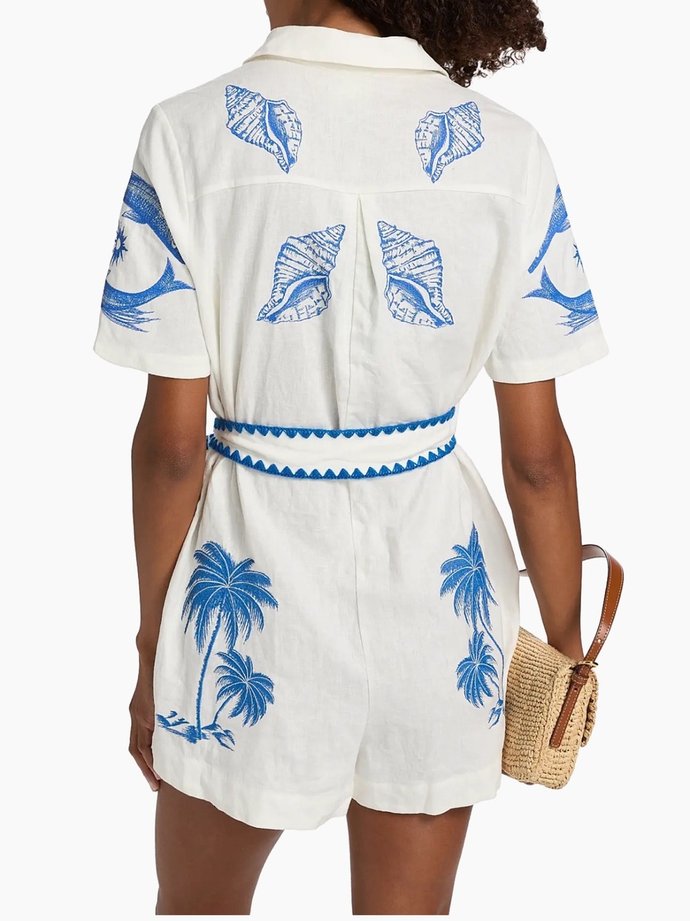 FARM Rio White Linen Romper with Blue Shell & Palm Print - Picture 5 of 16